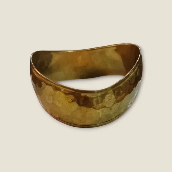 Handcrafted Brass Hammered Bangle Bracelet Unique Design 2.75" Inside Diameter 1 - Picture 3 of 5